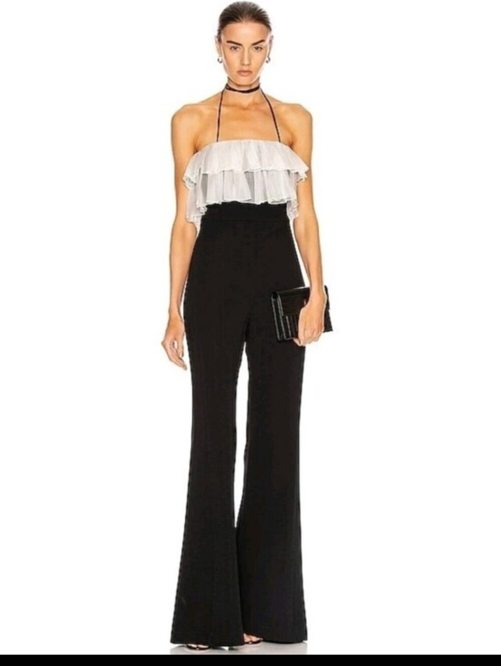Alexis Kaiya Jumpsuit in black featuring a ruffled off-white strapless bodice - Picture 4 of 5